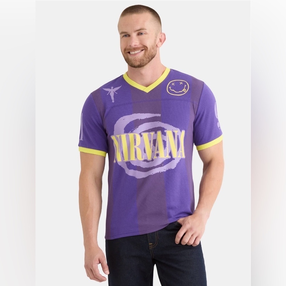 Men’s NIRVANA Purple and Yellow Football Jersey Style Graphic Shirt